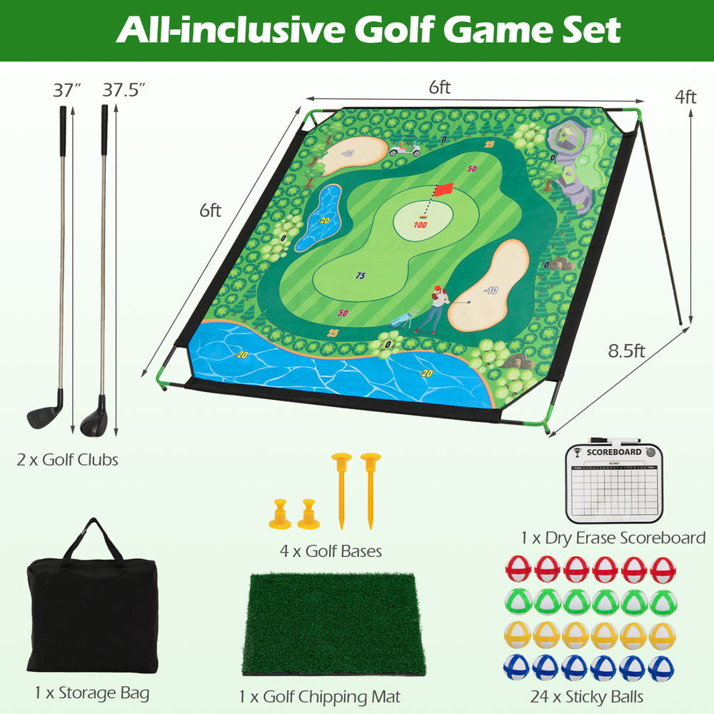 Golf chipping game set with 71 x 71 inches mat, 2 adjustable clubs, and 24 sticky balls for indoor and outdoor practice.