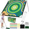 Large chipping mat with adjustable clubs and sticky balls for indoor and outdoor golf practice, perfect for family fun.