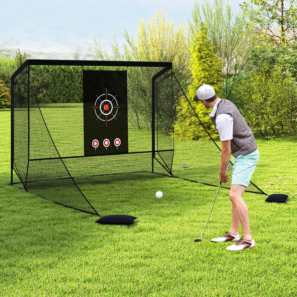 Golf practice hitting net with dual side barriers and target cloth, ideal for backyard training and accurate shots.
