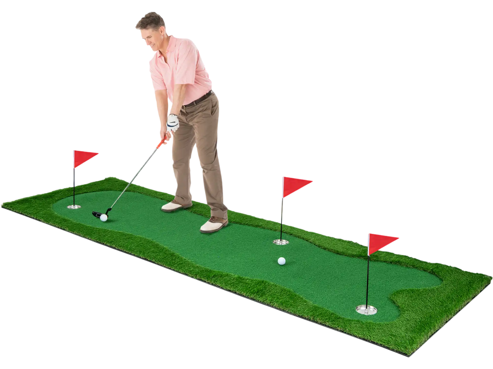 Golf putting green with realistic artificial grass turf, featuring three holes and non-slip backing for indoor or.