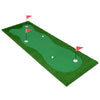 Top view of a golf putting green with realistic artificial grass, featuring three holes, flags, and a non-slip rubber.