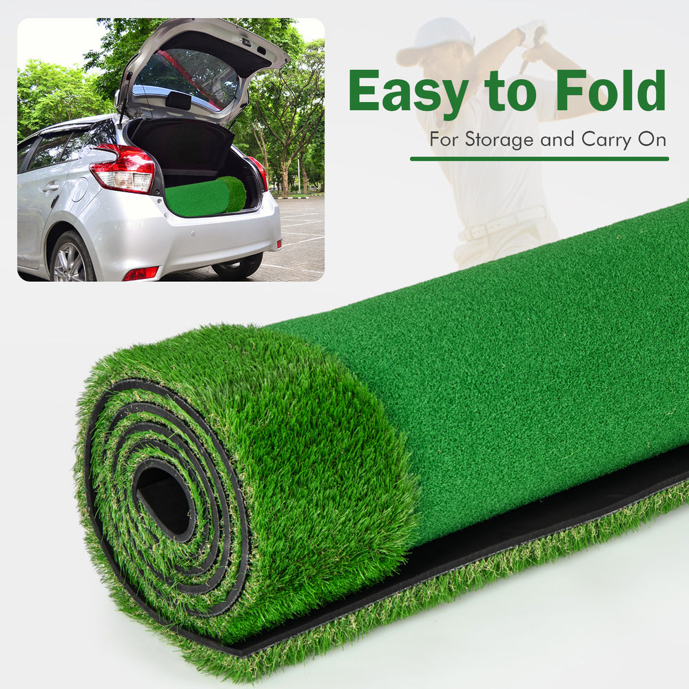 Golf putting green rolled up, featuring realistic artificial grass turf with non-slip backing for easy storage and.