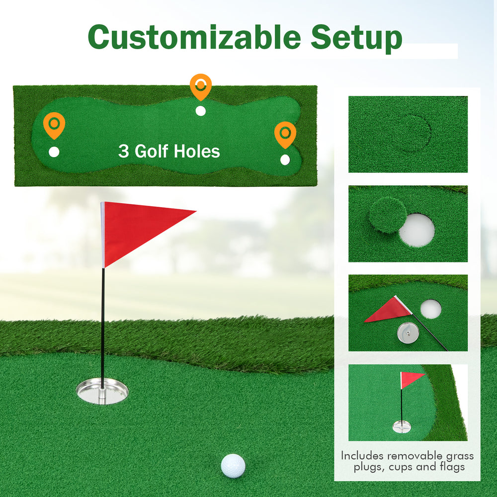 Golf putting green featuring three holes with flags, made of realistic artificial grass for indoor and outdoor practice.