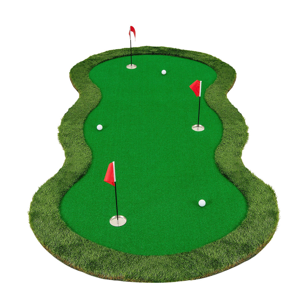 Top view of a 5 x 10 feet golf practice putting green mat featuring three holes and realistic turf for indoor or.