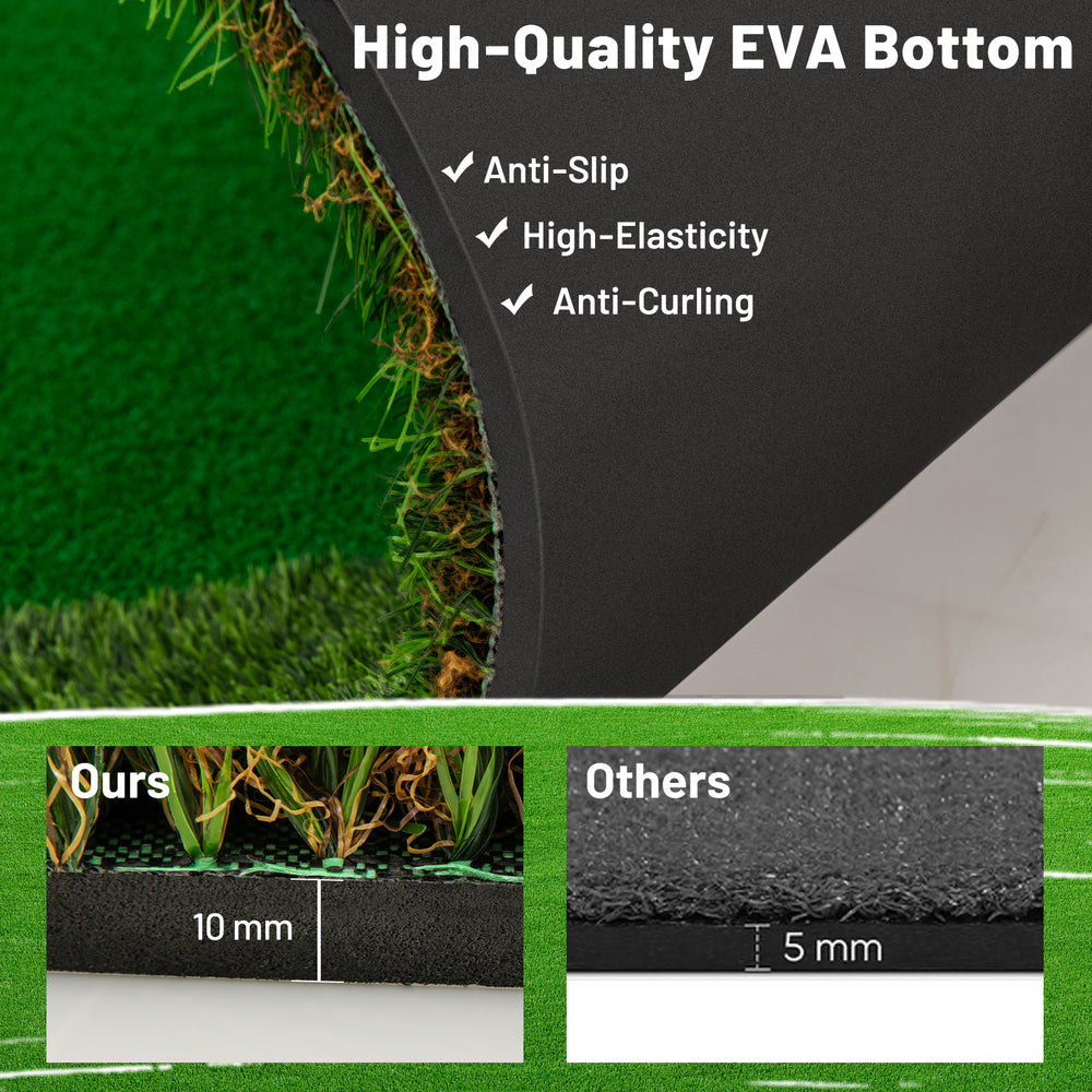 Close-up of the high-quality EVA bottom of a golf putting green mat, showcasing anti-slip and anti-curling features.