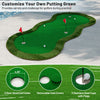 Golf practice putting green mat measuring 5 x 10 feet with 3 holes and flags, ideal for home or backyard use.