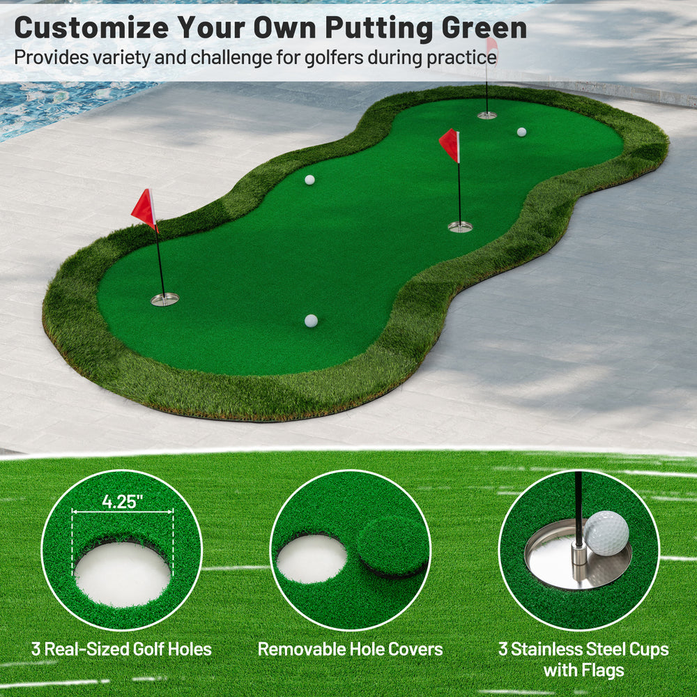 Golf practice putting green mat measuring 5 x 10 feet with 3 holes and flags, ideal for home or backyard use.