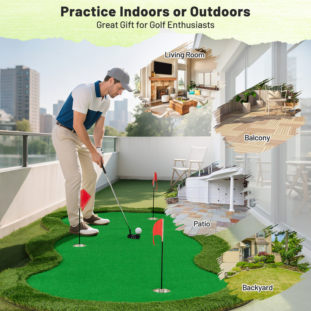 5 x 10 feet golf practice putting green mat with 3 holes, ideal for indoor or outdoor use in home, office, or backyard.