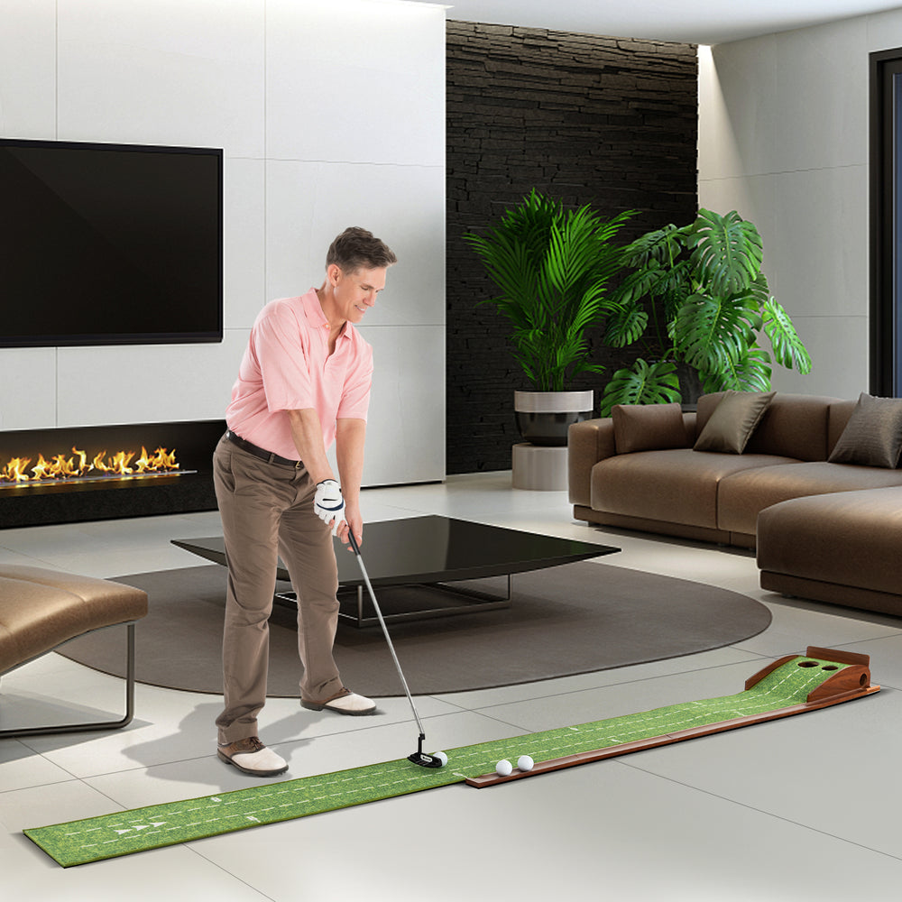 Golf putting mat with auto ball return, featuring two hole sizes and premium nylon surface for indoor practice.