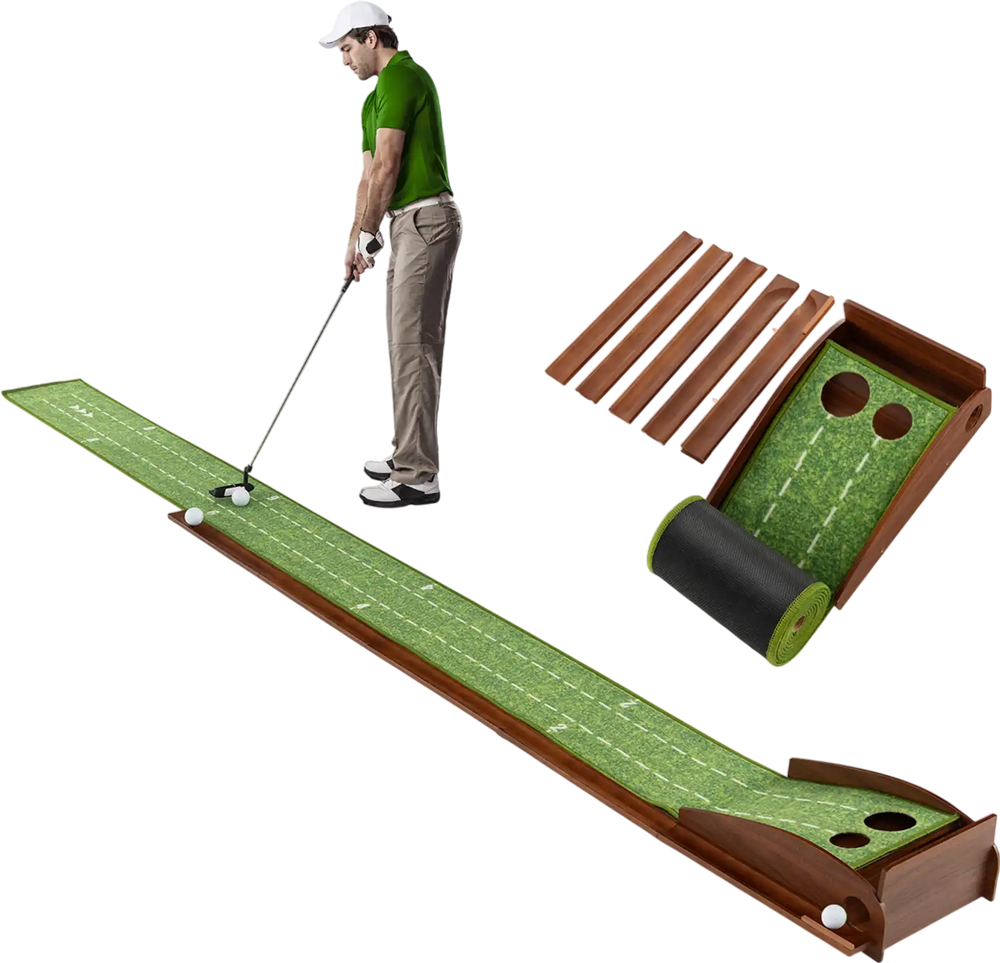 Golf putting mat with auto ball return, wooden track, and two hole sizes for effective practice and easy storage.