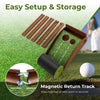 Golf putting mat with auto ball return, wooden baffle, and two hole sizes for easy setup and practice at home.
