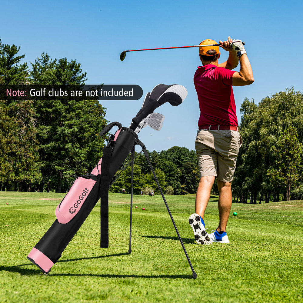 Lightweight pink golf stand bag with sturdy support legs and 2-way top divider, perfect for driving range use.
