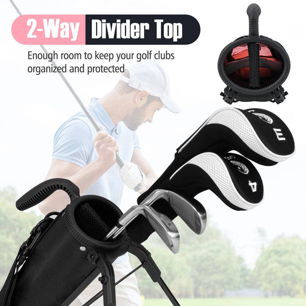 Lightweight pink golf stand bag with a 2-way top divider, perfect for organizing clubs at the driving range.