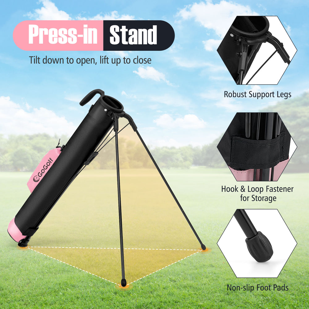 Lightweight pink golf stand bag with press-to-stand base, sturdy legs, and anti-slip foot pads for driving range use.