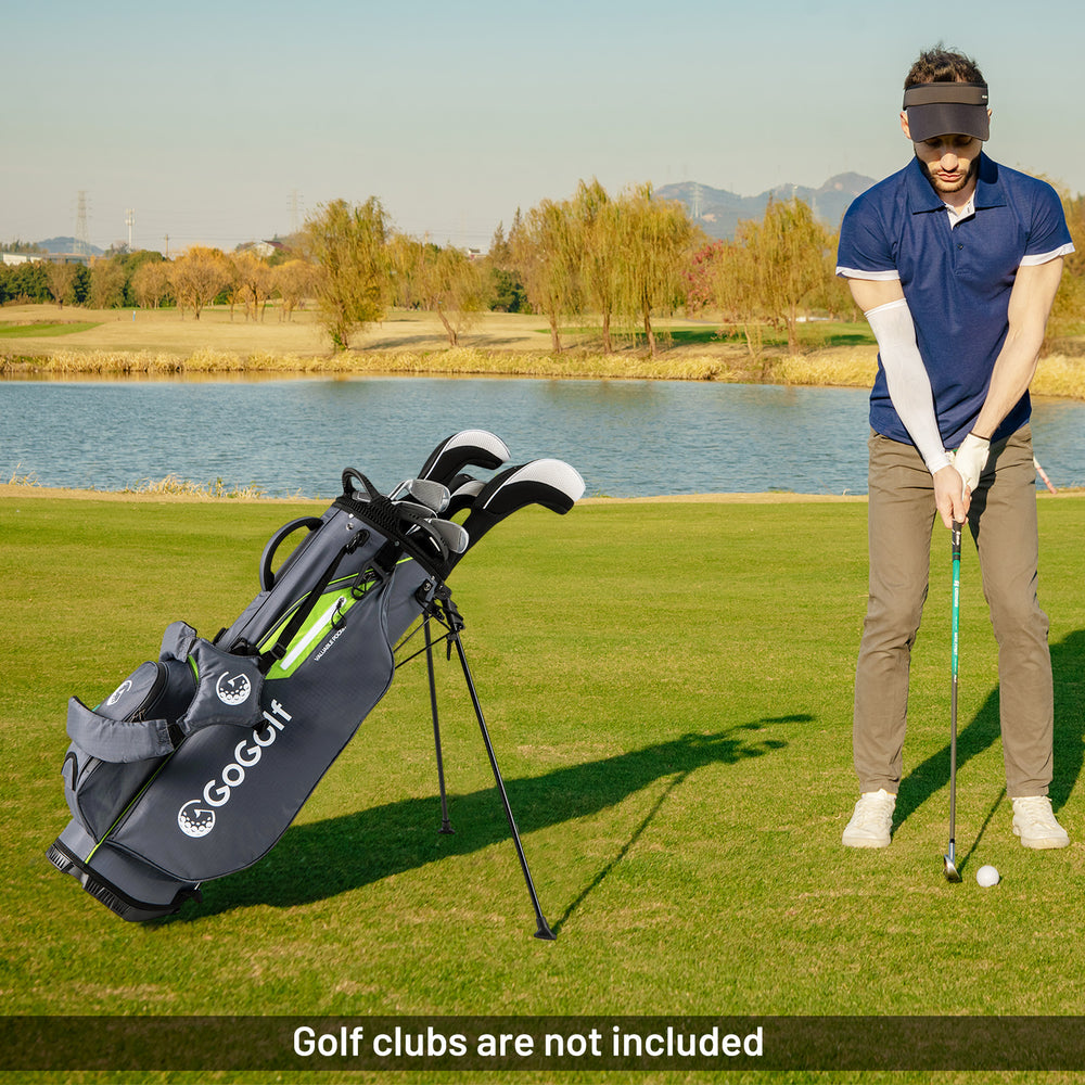 Lightweight gray golf stand bag with 8 way top dividers and 5 zippered pockets, ideal for easy club access on the.