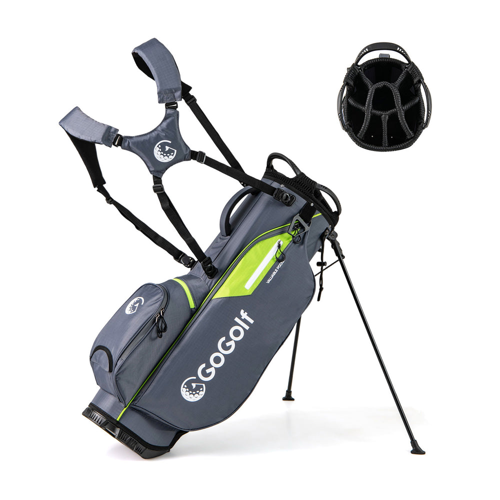 Lightweight gray golf stand bag with 8 way top dividers, 5 zippered pockets, and adjustable shoulder straps for easy.