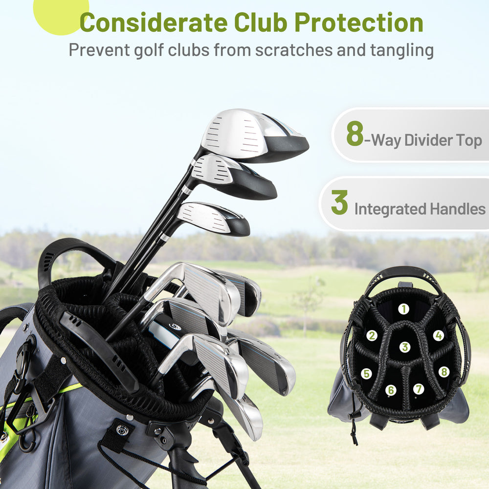 Golf stand bag in gray with 8-way top dividers and 5 zippered pockets for organized club storage and easy transport.