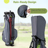 Lightweight gray golf stand bag with rain hood, 8 way top dividers, and 5 zippered pockets for ample storage.