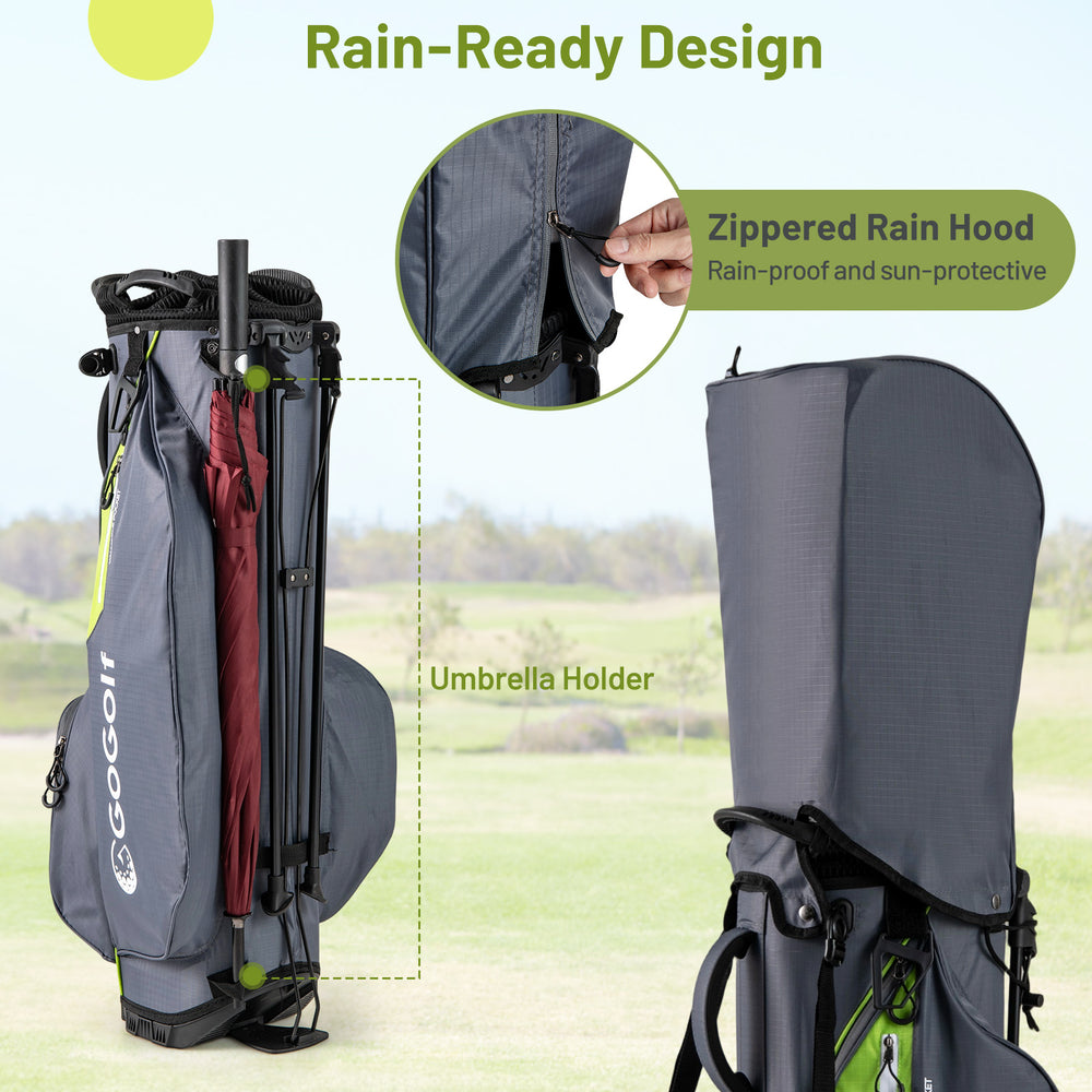 Lightweight gray golf stand bag with rain hood, 8 way top dividers, and 5 zippered pockets for ample storage.