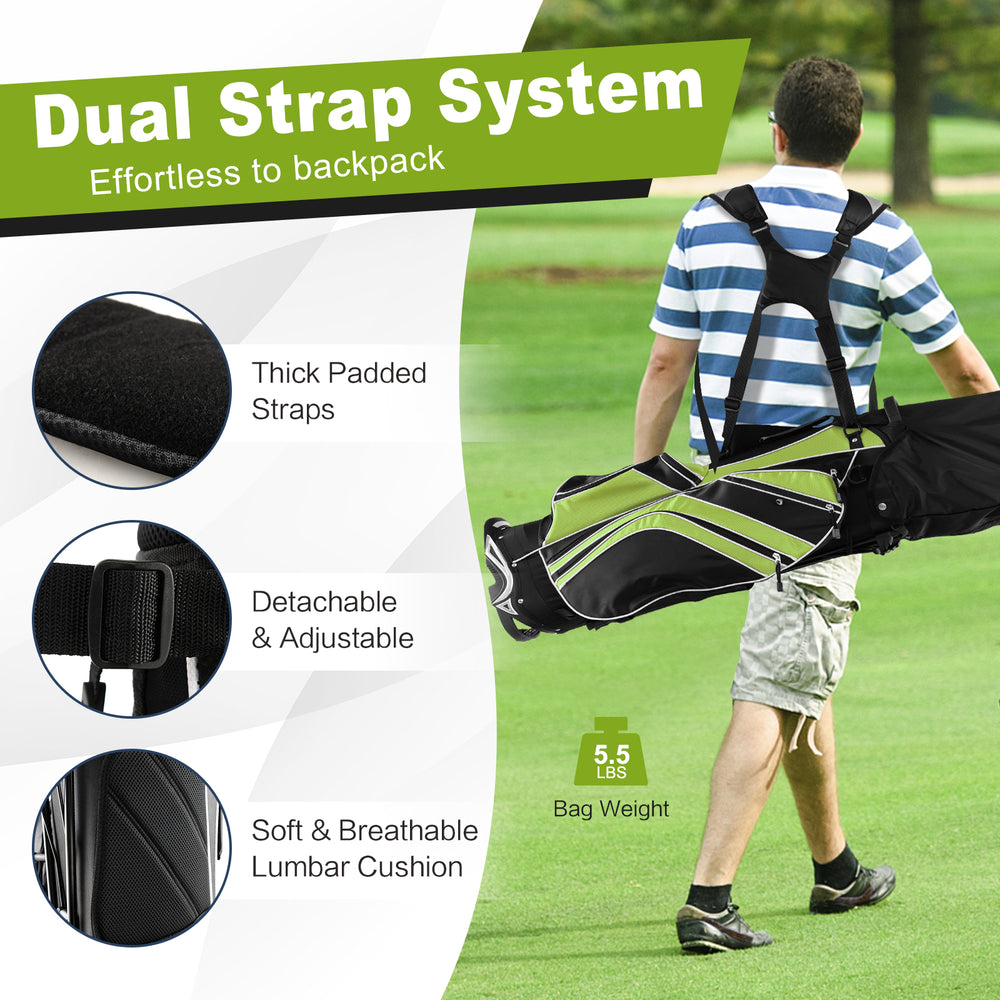 Golf stand cart bag in green with dual strap system, 6-way divider, and 7 pockets for easy organization and comfort.