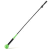 Golf swing trainer aid with a green weighted head and fiberglass shaft, perfect for warming up and improving swing.