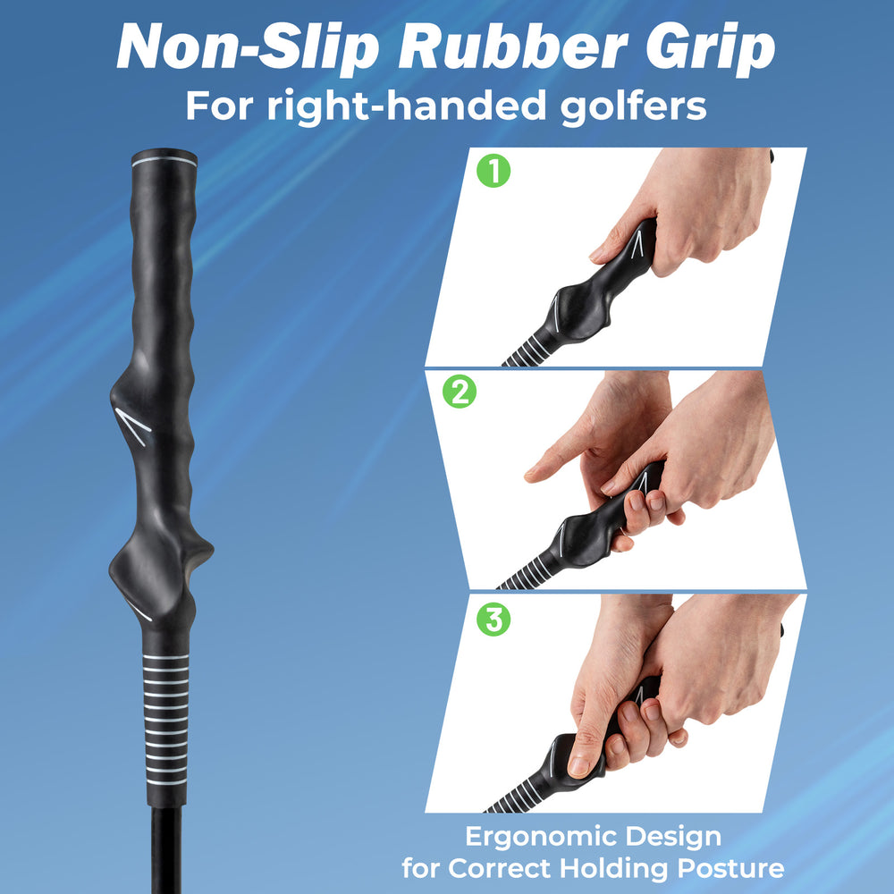 Golf swing trainer aid with non-slip rubber grip, ergonomic design for right-handed golfers, ideal for warm-up practice.