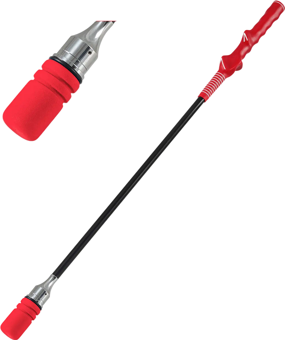 Red Golf Swing Trainer Click Stick with foam headcover and fiberglass shaft for speed, flexibility, and balance.