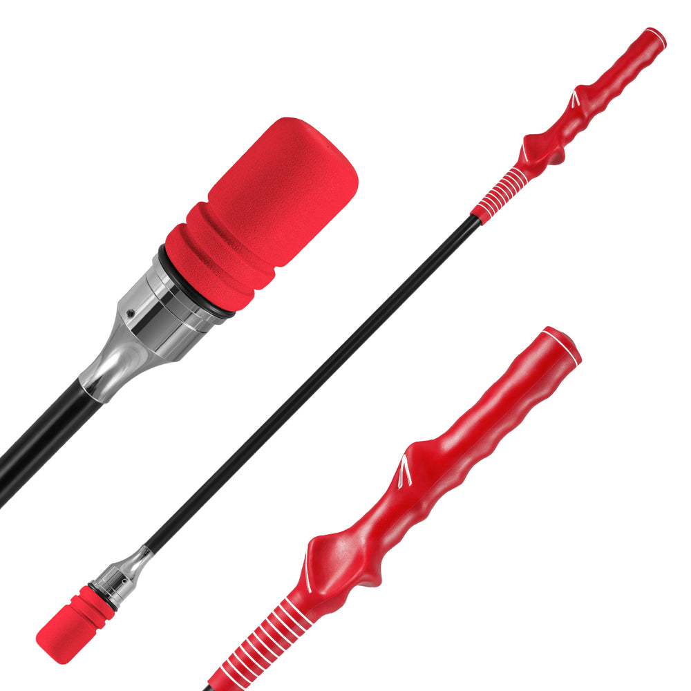 Red golf swing trainer with a foam headcover and fiberglass shaft, designed for speed, flexibility, and balance.