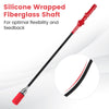 Golf swing trainer with a silicone-wrapped fiberglass shaft for optimal flexibility and sound feedback during practice.