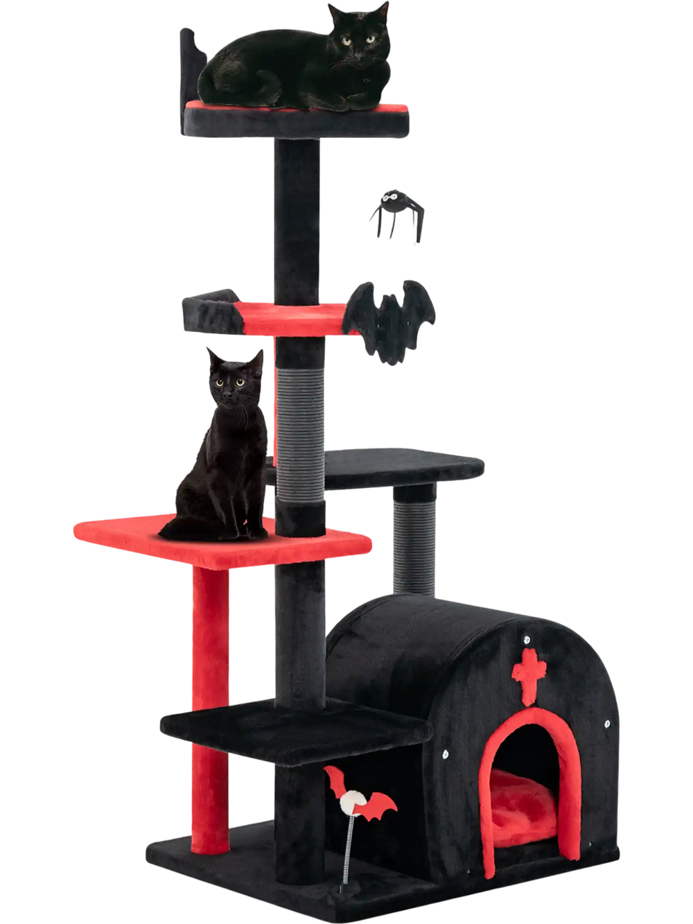 Gothic cat tree with black and red design, featuring a top perch, condo, and interactive toys for playful cats.