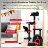 Gothic cat tree with black and red design, featuring a unique arch-shaped condo and spacious top perch for cats.