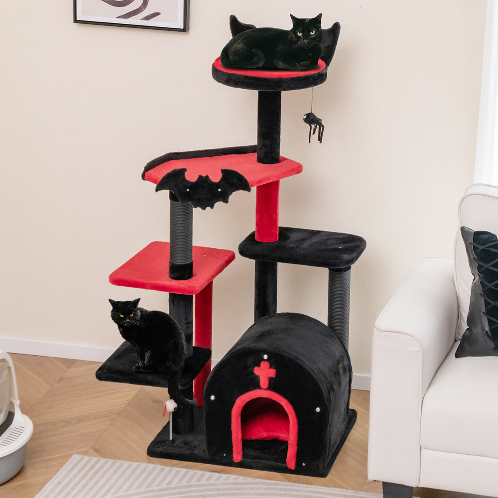Gothic cat tree with a black and red design, featuring a top perch, condo, and playful accessories for cats.