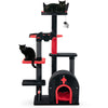 Gothic cat tree with black and red design, featuring a condo, perches, and interactive toys for playful cats.