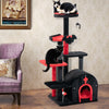Gothic cat tree with black and red design, featuring a top perch, condo, and interactive toys for playful kittens.