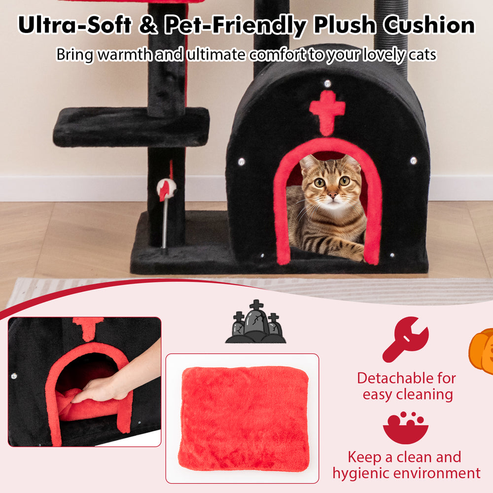Gothic cat tree featuring a plush cat bed and arch-shaped condo, perfect for feline relaxation and play.