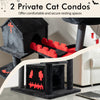 Gothic cat tree with two private condos, padded perch, and scratching posts for secure lounging and climbing fun.