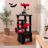 Gothic cat tree in black and red with plush perch, scratching posts, and hanging spider toy for feline fun.