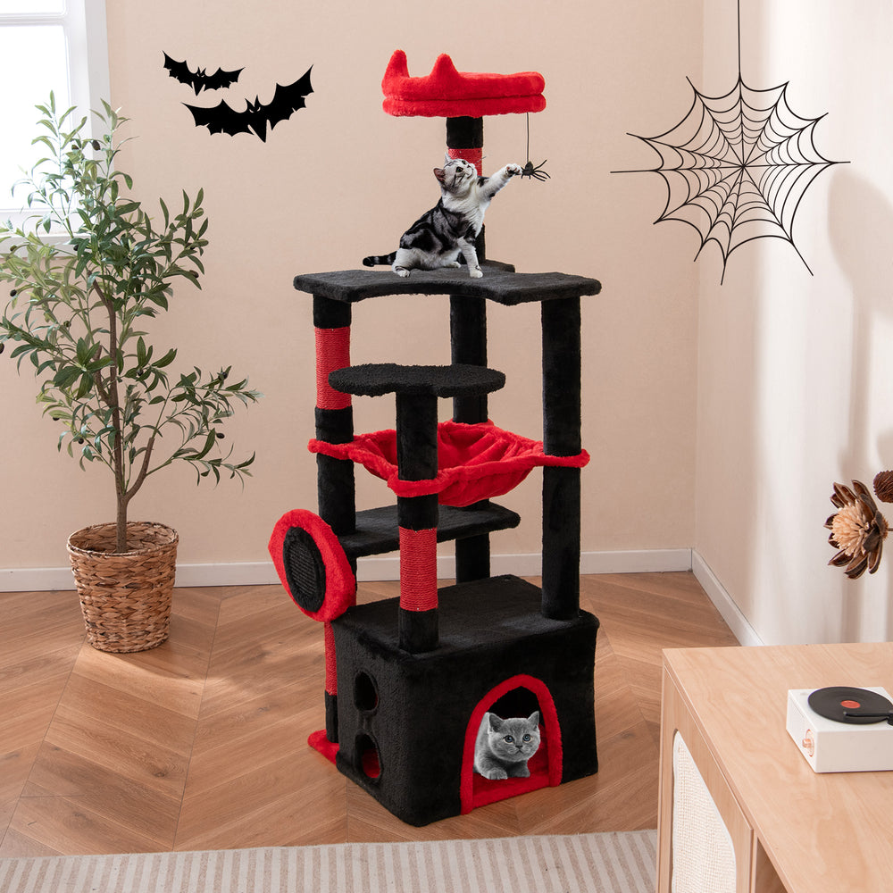Gothic cat tree in black and red with plush perch, scratching posts, and hanging spider toy for feline fun.