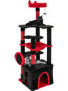 Gothic cat tree in black and red with plush perches, scratching posts, and a dangling spider toy for feline fun.