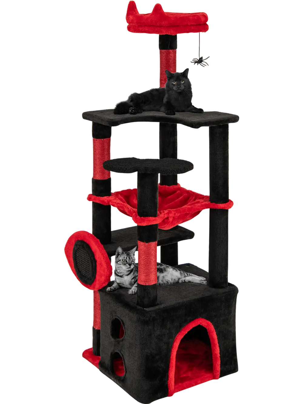 Gothic cat tree in black and red with plush perches, scratching posts, and a dangling spider toy for feline fun.