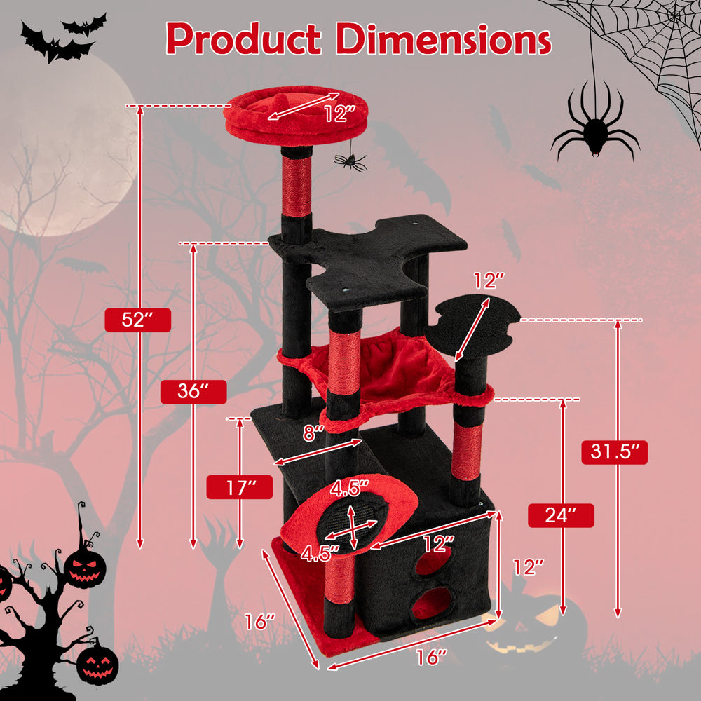 Gothic cat tree in black and red with dimensions, featuring plush perch, hammock, and sisal scratching posts.