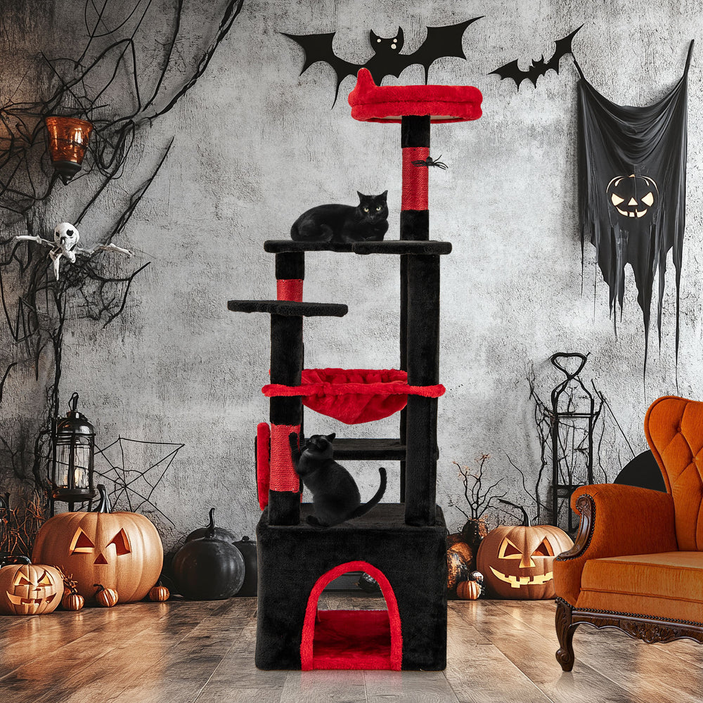 Gothic cat tree in black and red with plush perch, condo, and hanging spider toy for feline play and relaxation.
