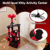 Gothic cat tree in black and red with plush perch, hanging spider toy, and two bat-shaped platforms for playful cats.
