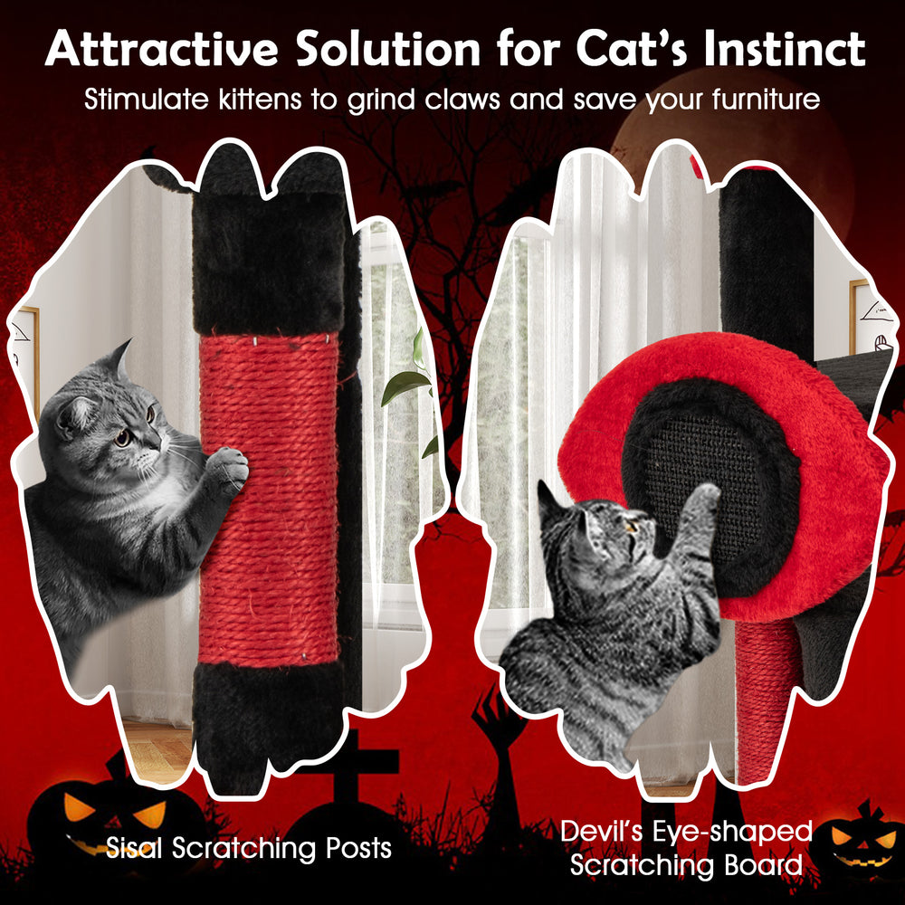 Gothic cat tree featuring sisal scratching posts and devil's eye-shaped board for playful kittens in black and red.