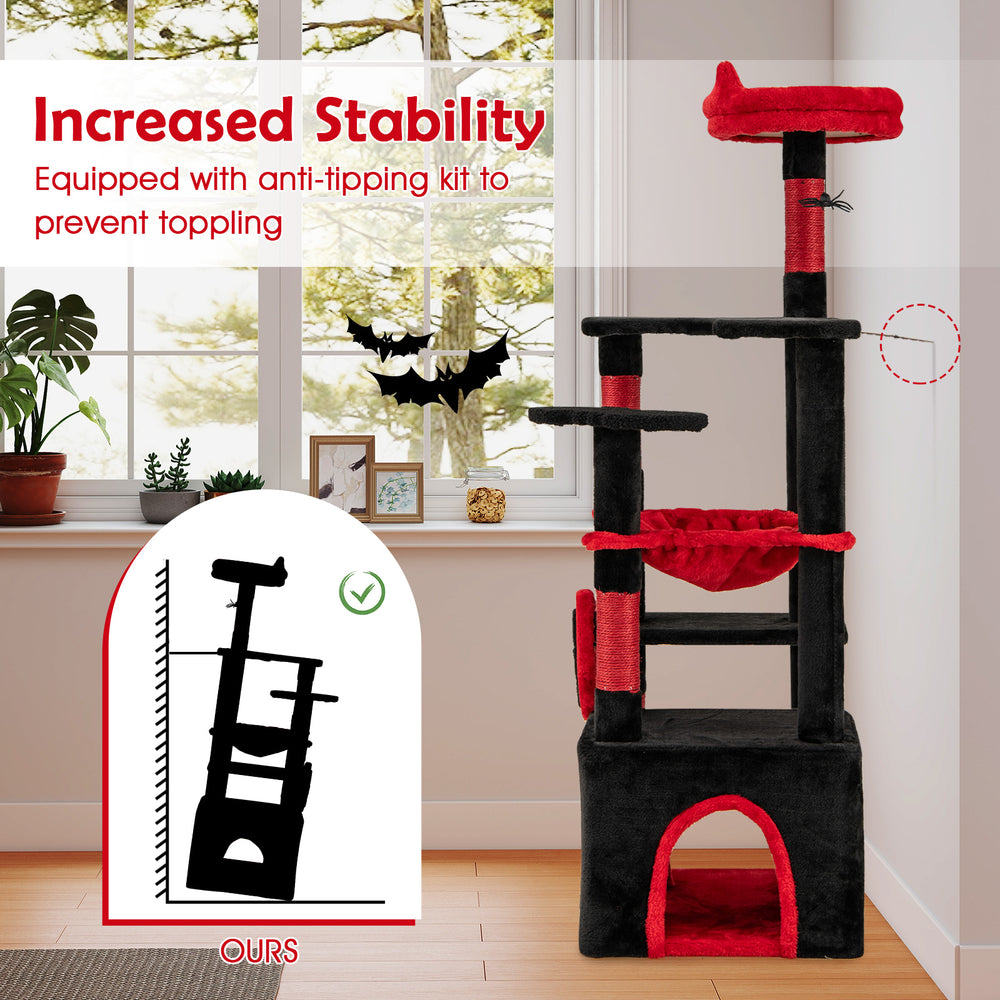 Gothic cat tree in black and red featuring a plush perch, hammock, and anti-tipping kit for stability and safety.