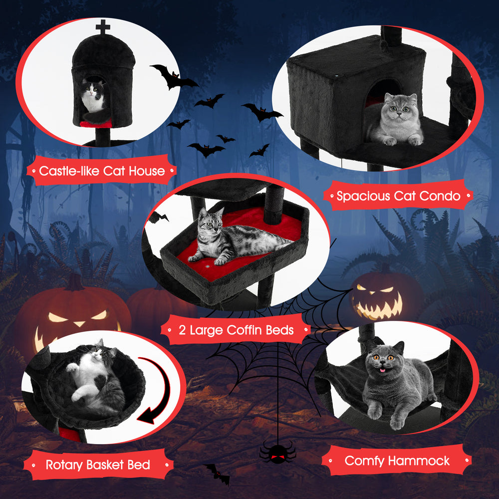 Gothic cat tree featuring a castle-like house, spacious condo, and two large coffin beds for indoor cats.