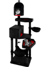 Gothic cat tree in black with two condos, coffin beds, and hammock, perfect for indoor cats' play and rest.