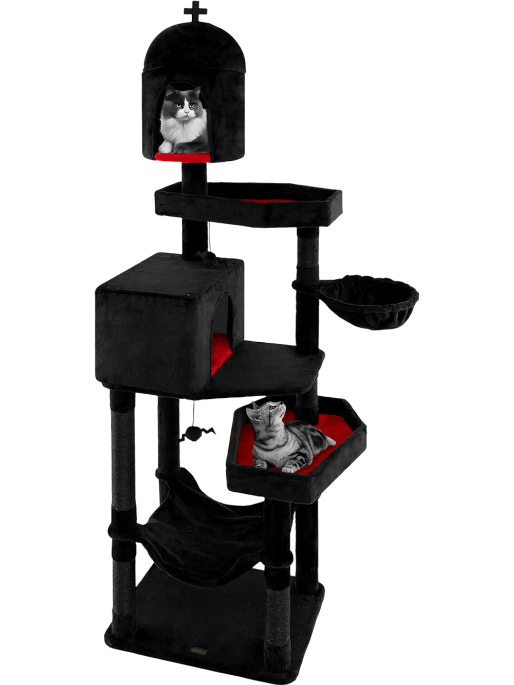 Gothic cat tree in black with two condos, coffin beds, and hammock, perfect for indoor cats' play and rest.