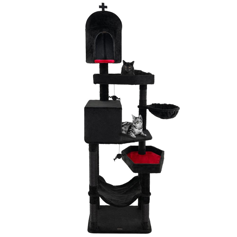 Gothic cat tree in black with two condos, coffin beds, and hammock, perfect for indoor cats' comfort and play.