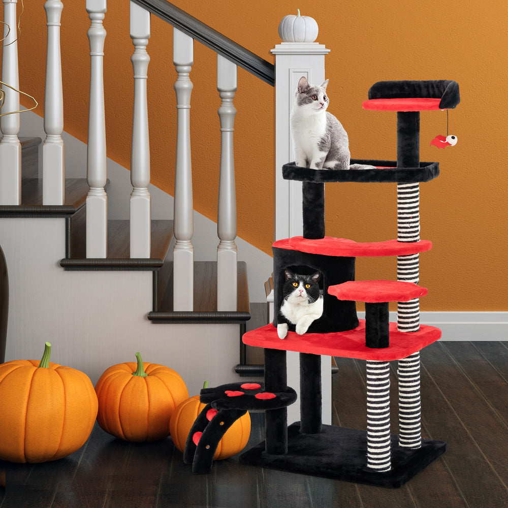 Gothic cat tree in black and red featuring a cat bed, condo, and sisal scratching posts for playful kittens.
